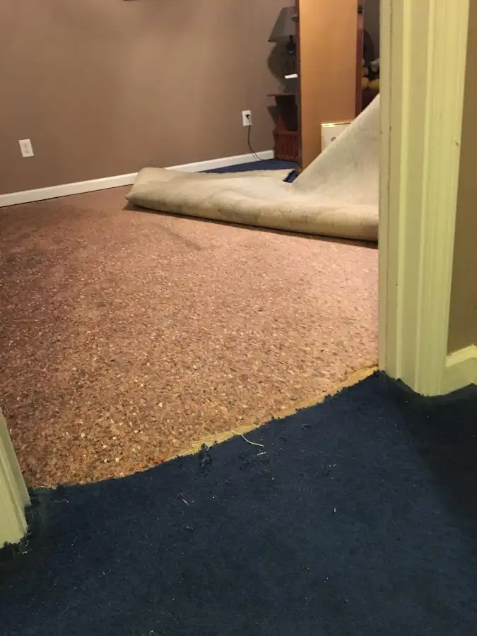 Carpet pad removal revealing water damage during Drying & Dehumidification in Reminderville